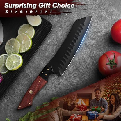 TIVOLI Santoku Knife 7 Inch - Japanese Chef Knife for Fish - Bunka Knives for Meat - Kiritsuke for Vegetables - Black Slicing Knives with Full Tang Handle - Cooking Gifts for Men and Women - size: 7.1"