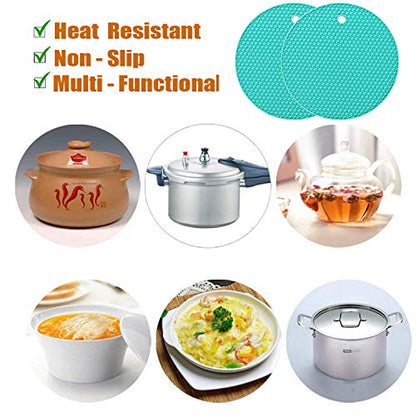 5 Pcs Round Silicone Trivets Pot Holder Mats,Extra Thick Heat Resistant Kitchen Countertop Mats,Honeycomb Rubber Hot Pads Trivets for Hot Dishes,Flexible Jar Opener Multi-Purpose Coasters Teal - color: Teal