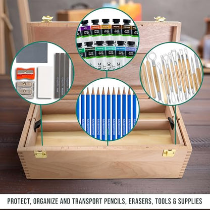 U.S. Art Supply Multi-Function Artist Supply Box with Locking Clasps & Removable Tray - Wooden Art Box for Artist Supplies, Brushes, Pencils, Erasers, Tool Storage Organizer Case
