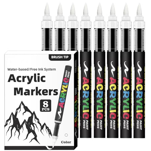White Acrylic Paint Markers, 8 Colors Direct Liquid Acrylic Paint Pens with Brush Tip, No Bleed Water-Based Marker for Black Paper, Rock Painting, Wood, Glass, Fabric, Ceramic, DIY Crafts - color: White