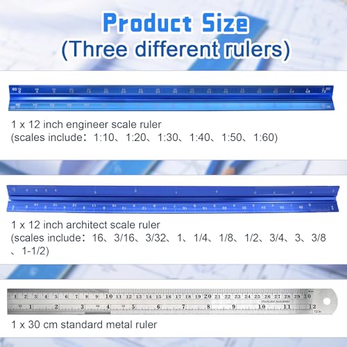 Biaungdo 3 Pack Architectural and Engineer Scale Ruler Set, 12 Inch Aluminum Triangular Drafting Tool, Laser-Etched Architect Scales Ruler for Draftsman, Standard Metal Ruler Included, Blue