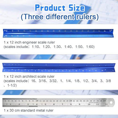 Biaungdo 3 Pack Architectural and Engineer Scale Ruler Set, 12 Inch Aluminum Triangular Drafting Tool, Laser-Etched Architect Scales Ruler for Draftsman, Standard Metal Ruler Included, Blue