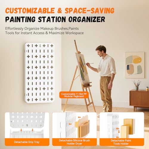 Paint Brush Holder with Drip Tray & Silicone Paint Brush Drying Rack,2 Removable Pegboard Bins for Artist Brush Holder,Paint Brush Stand White Pegboard for Desktop & Wall-Mount for Acrylic Paint Brush