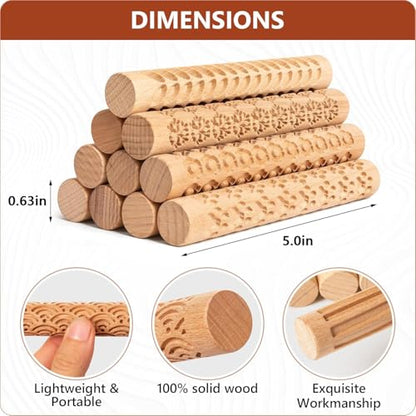 10pcs Wooden Clay Texture Rollers Set for Pottery & Ceramics - Potters Stamp Roller Tools for Ceramic Slabs - Textured Rolling Pins for Modeling, Painting & Glaze Design - 5 x 0.63 inch - color: Regular