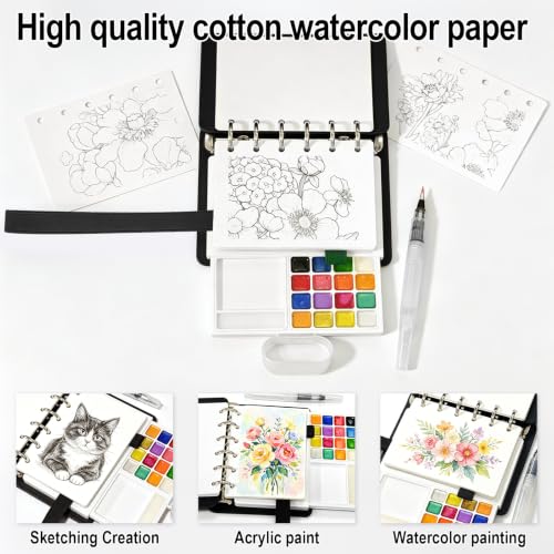 Travel Watercolor Set, 16 Colors Standard (8 Matte & 8 Shimmer), Pocket Paint Set with 30-Sheet 300G Cotton Sketchbook, Detachable Palette, Water Cup & Water Brush, Black - color: Black