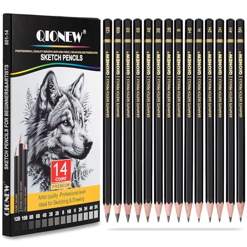Qionew Professional Sketching Pencil for Drawing,14 Pack, Graphite Pencils | Drawing Sketching Pencil Set, 12B-5H, Art Pencils for Drawing and Shading, Sketching, Ideal for Beginners & Pro Artists