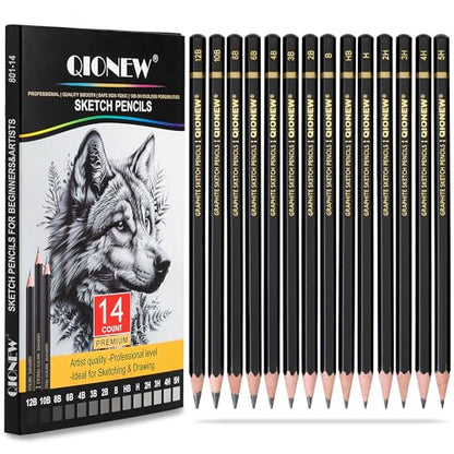 Qionew Professional Sketching Pencil for Drawing,14 Pack, Graphite Pencils | Drawing Sketching Pencil Set, 12B-5H, Art Pencils for Drawing and Shading, Sketching, Ideal for Beginners & Pro Artists