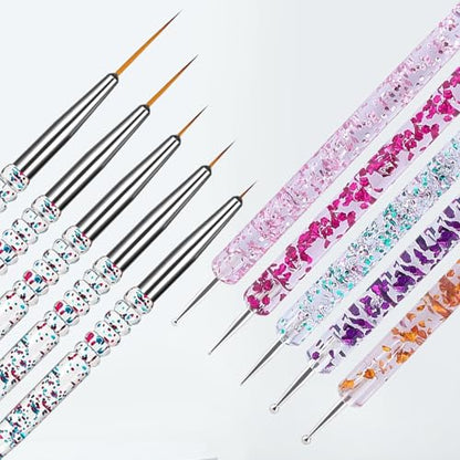 10Pcs Nail Art Brush Set, 5Pcs Double-Ended Dotting Tools & 5Pcs Fine Liner Brushes, Nail Design Brushes Kit for Detailing, Dotting & Striping Designs - color: 10Pcs Art Brushes
