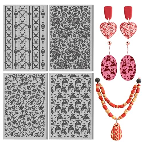 CHGCRAFT 4 Pcs Valentine's Day Polymer Clay Texture Sheet Bow and Roses Rubber Clay Texture Mat for Polymer Clays Making Earrings Jewelry DIY Crafts 5.5 × 5.5 Inch