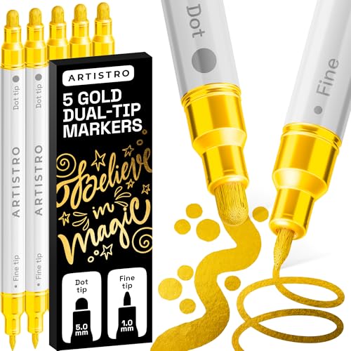 ARTISTRO 5 Gold Dual-Tip Acrylic Paint Markers – Paint Pens Set with Dot & Fine Tips for Fabric, Rock, Glass, Wood, Coloring Books – Arts & Crafts Gift – Classroom Must Haves & School Supplies - style: Gold