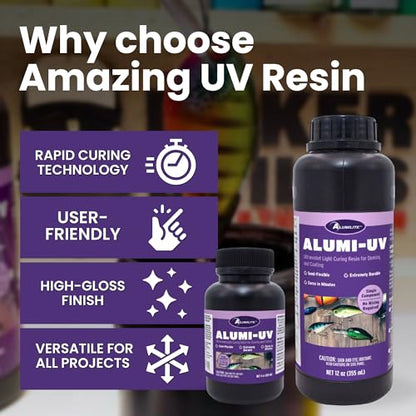 Alumilite Alumi-UV 12 Oz, Fast Curing, High Gloss, Clear UV Resin, Ideal for Crafts, Jewelry, Glossy Look Resin Forr Doming and Coating, Perfect for Fishing Lures, and Coasters - size: 12 Oz