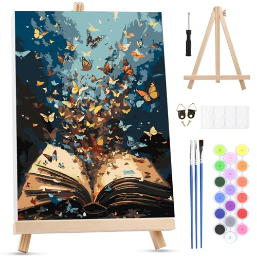 MXJSUA Butterflies Book Paint by Numbers Kit with Frame for Adults, Easy Beginners Paint by Number on Canvas with Easel, Acrylic Number Painting Craft Gifts for Home Decor, 8x12 inch - color: Butterflies Book