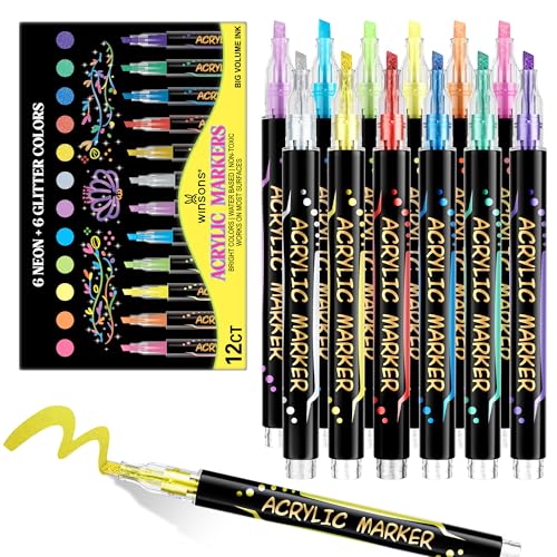 12 Colors Acrylic Paint Markers, 6 Glitter & 6 Neon Fluorescent Pens, Innovative Light-Valve Tech for Instant Flow, Fine Chisel Tip Paint Pens for Journaling, Rock Painting, Cards & DIY Projects
