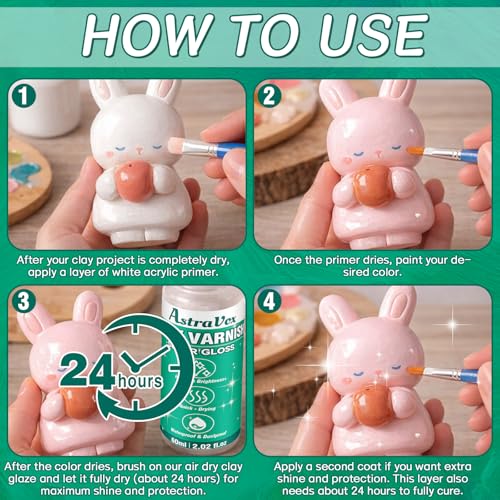 Air Dry Clay Glaze, Clear High Gloss Sealant and Air Dry Clay Varnish for Crafts, Ceramics, Wood and Artwork, Protects from Cracking, Scratches and Wear, Enhances Shine 60ml (Gloss)