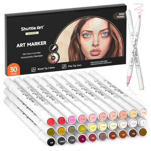 Shuttle Art 30 Colors Skin Tone&Hair Art Markers, Dual Tip Alcohol Based Flesh Color Marker Pen Set Contains 1 Blender Perfect for Kids & Adults Portrait,Comic, Anime, Manga, Illustration - color: 30 Skin Tone Colors