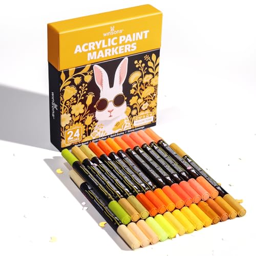 WINSONS 24 Colors Acrylic Paint Markers Set – Vibrant Permanent Paint Pens with Brush & Fine Tip, Water-Based Quick Dry for Rock Painting, Canvas, Wood, Glass, Fabric, DIY Art Supplies (Yellow Tone) - style: Yellow Tone