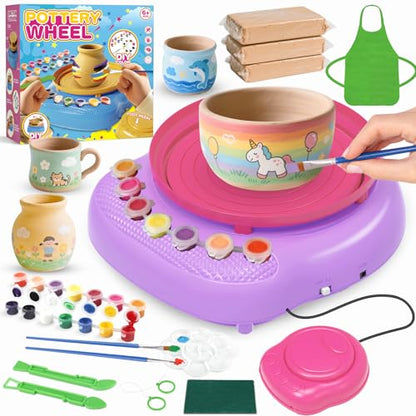 Cmiolacuna Pottery Wheel for Kids, Complete Kit with Air-Dry Clay，Ages 8-12 | Beginner pottery kit with air-dry clay, 12 paints, clay tools and apron - no kiln needed, screen-free craft gift ages 8-12 - color: Pink