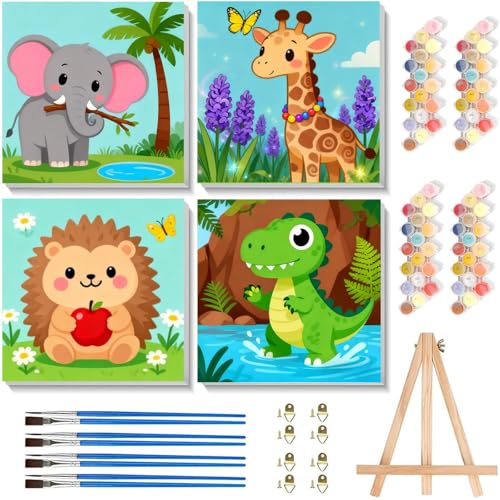 Arttoplus 4 Pack Paint by Numbers Kit for Kids with Frame, Animals Kids Paint by Numbers Ages 4-8-12 with Wooden Easel,Easy Cute DIY Acrylic Oil Painting by Number for Gift Home Wall Decor(8x8 inch) - color: BKH2040+BKH2041+BKH2042+BKH2043