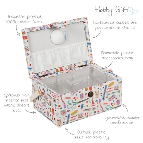 Hobby Gift Medium Sewing Box Organiser, Fabric Covered Storage Box with Handle, Internal Tray, Pin Cushion and Pocket for Sewing, Quilting and Knitting Supplies - color: Haby Notions