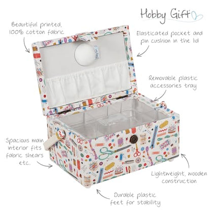 Hobby Gift Medium Sewing Box Organiser, Fabric Covered Storage Box with Handle, Internal Tray, Pin Cushion and Pocket for Sewing, Quilting and Knitting Supplies - color: Haby Notions