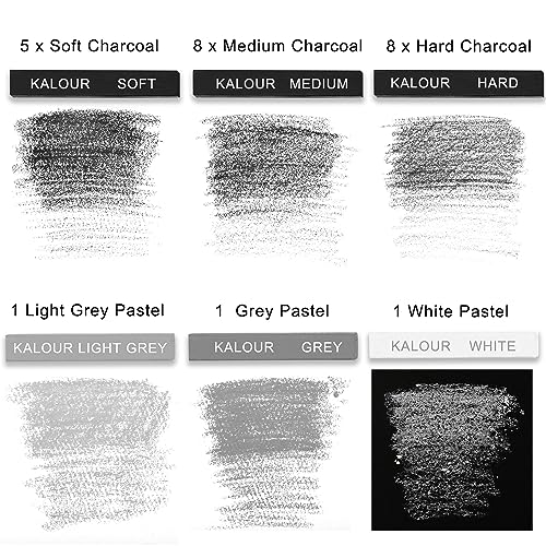 KALOUR 24 Pro Charcoal Drawing Set - Soft,Medium,Hard Charcoal and White - Charcoal Sticks for Drawing Sketching Shading - Art Supplies Gift for Artists Beginners Adults