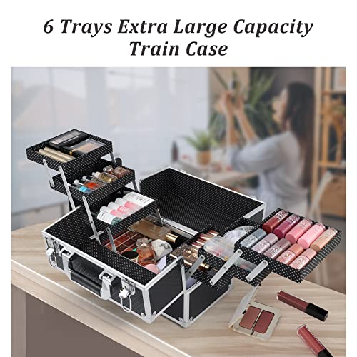 FRENESSA Makeup Train Case Makeup Case 11.8 Inch Large Cosmetic Box Organizer Travel Storage Professional Make Up Train Carrying Case with 6 Trays Locking Hard Vanity Storage Black - color: Black