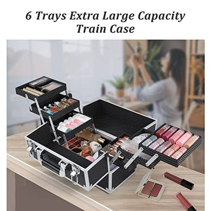 FRENESSA Makeup Train Case Makeup Case 11.8 Inch Large Cosmetic Box Organizer Travel Storage Professional Make Up Train Carrying Case with 6 Trays Locking Hard Vanity Storage Black - color: Black