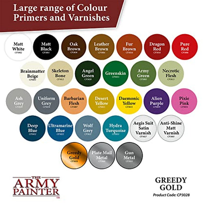 The Army Painter Colour Primer Greedy Gold, 400 mL Acrylic Spray Primer, Spray Paint for Miniature Priming Basecoat, Tabletop Roleplaying, Boardgames, and Wargames Miniature Modelling - color: Greedy Gold