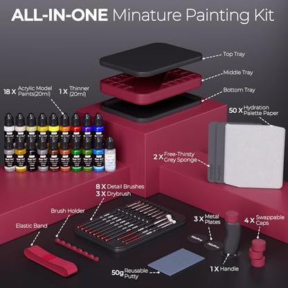 Nicpro All-In-One Miniature Painting Kit, Including 18 Colors Model Paint, Wet Palette, 11PCS Detail Paint Brushes Drybrush, Magnetic Painting Handle, 2PCS Sponges, 50PCS Pallet Paper and Brush Holder - color: 18 Model Paint + Wet Palette