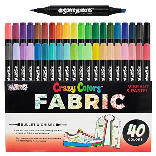 U.S. Art Supply Super Markers 40 Primary & Pastel Dual Tip Fabric Markers - Fine & Chisel Point Pens Fabric Marker Permanent for Clothes, T-Shirts - Permanent Ink Eye-Catching Pastel Colors - style: 40-Color Deluxe Set