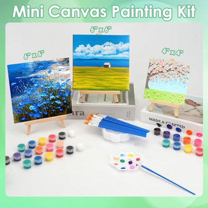 Sigowal 10 Set Canvas Painting Kit, 4 x 4 Inch Canvas Boards for Painting with Easel, Acrylic Paint Strips, Brushes, Palette, Mini Canvas and Easel Set for Kids Adults Beginner Gift Party - color: 10 Set 4 x 4 inches