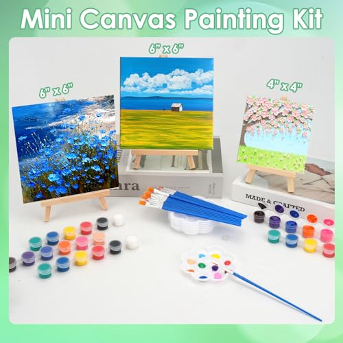 Sigowal 10 Set Canvas Painting Kit, 6 x 6 Inch Canvas Boards for Painting with Easel, Acrylic Paint Strips, Brushes, Palette, Mini Canvas and Easel Set for Kids Adults Beginner Gift Party - color: 10 Set 6 x 6 inches