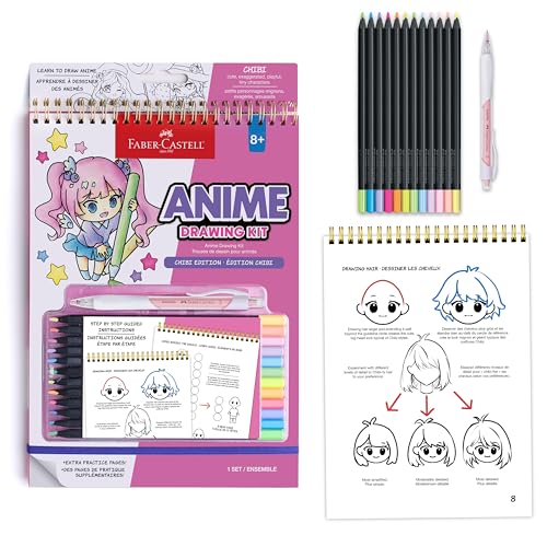Faber-Castell Anime Drawing Kit: Chibi Edition | Step-by-Step Instruction Book with 20 Practice Pages, Color Pencil Set & Drawing Supplies for Kids, Back to School Supplies (1 Book) - style: Chibi Edition
