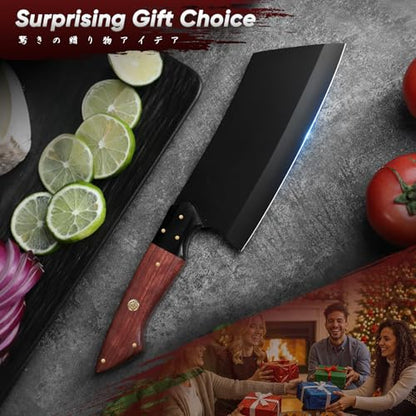 TIVOLI Meat Cleaver Knife 7inch - Black Butcher Knife for Meat Cutting - Japanese High Carbon Steel Cleaver for Vegetables Chopping - Kitchen Cooking Knives with Wooden Handle - Gift for Men and Women - size: 6.9"