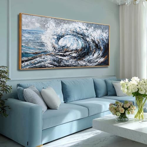 Large Abstract Blue Ocean Wave Wall Art,Seascape Artwork Decor,Rolling Wave Sea Landscape Picture Print for Office Home Decoration 29"x58" - color: Blue and white, size: 58"L x 29"W