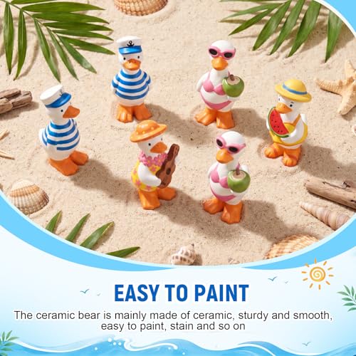 Soulchen 17 Pcs Paint Your Own Summer Beach Goose Ceramic Paint Craft Set Include 12 Unpainted Ceramic Geese, 2 Strips of Paints with 2 Brushes 1 Palette Toys Gift for Birthday Christmas - style: Summer Goose
