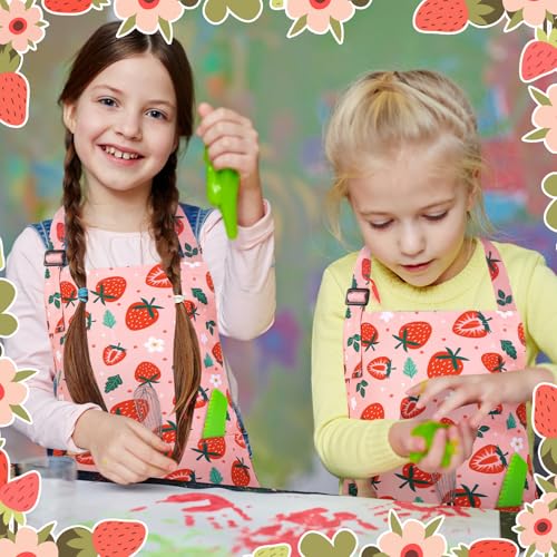 2 Pack Kids Apron, Cute Cooking Aprons, Waterproof Art Apron with Pockets, Toddler Painting Artist Apron Adjustable - color: Strawberry, size: 40*50cm