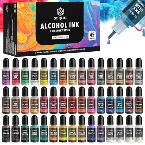 Alcohol Inks for Resin- 43 Colors (12 Metallic, 7 Fluorescent, 24 Normal) - 45 Bottles 10ml Each - Resin Dye, Alcohol Ink Set, Epoxy Resin Pigment Liquid for Tumblers, Yupo Paper GC-AK45