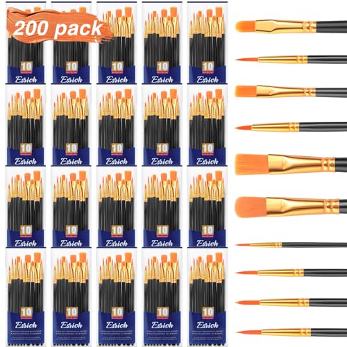 ESRICH Acrylic Paint Brushes Set, 20 Packs / 200 Pcs Nylon Hair Paint Brushes,Paint Brush Set Suitable for Oil,Watercolor,Rock Body Face Art, Kids Adult Perfect Art Painting Craft Paint Brush Kits. - color: Black, size: 200