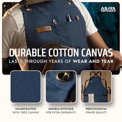 Asaya Chef and BBQ Apron with Bottle Opener and Hand Towel - 10oz Cotton Canvas, Stainless Steel Hardware - Cross Back Straps - color: Blue