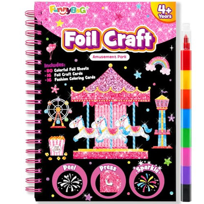 FUNNYB&G Foil Art Craft Kit for Girls 4-10 Years Old: Mess-Free & No-Glue, Create 16 Sparkly Amusement Park Pictures – Perfect Travel Toy & Birthday Gift for Kids （Amusement Park） - style: Amusement Park
