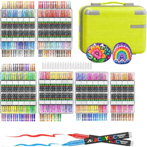 408 Acrylic Paint Markers with Storage Box, Soft Brush Tip Acrylic Paint Pens + 20 Tips, No Bleed Quick-Dry Waterproof Acrylic Markers Set for Rock Painting, Canvas, Wood, Glass, Crafts - style: 408 colors