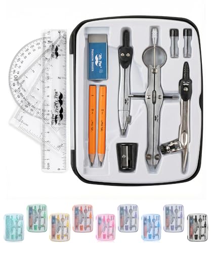 Mr. Pen- Geometry Set, 13 pcs, 3 Metal Compasses, Protractor, 6" Ruler | 45° & 30°/60° Set Squares, Pencils, Lead Refills, Sharpener & Eraser for Math, Drafting & Classroom Use | 45° & 30°/60° Set Squares, Pencils, Lead Refills, Sharpener & Eraser for Mat