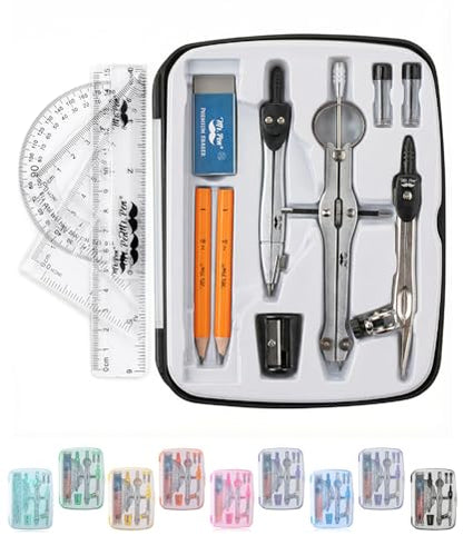 Mr. Pen- Geometry Set, 13 pcs, 3 Metal Compasses, Protractor, 6" Ruler | 45° & 30°/60° Set Squares, Pencils, Lead Refills, Sharpener & Eraser for Math, Drafting & Classroom Use | 45° & 30°/60° Set Squares, Pencils, Lead Refills, Sharpener & Eraser for Mat