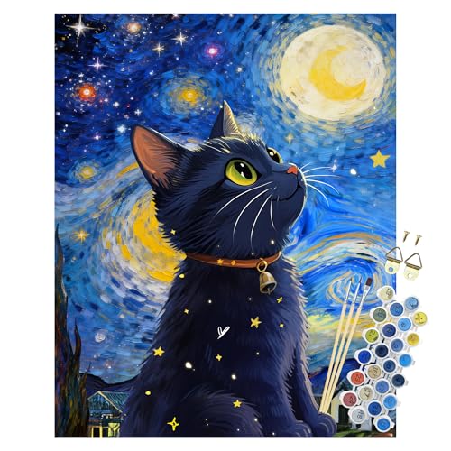 NPCSWXQ Paint By Numbers Kit for Adults Beginners - Create Your Own Starry Night Cat Canvas Art! DIY Acrylic Paint Kit for Unique Home Wall Decor & Gifts, 16x20 Inch, Comes with 3 Paintbrushes - color: SZH2603