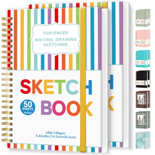 Forvencer 2 Pack Blank Spiral Notebook, 8"x 5.6"Hardcover Sketch Book, 100GSM Thick Paper, Art Sketchbook for Women, 100 pages / 50 Sheets Drawing Book Journal for School, Multicolor - color: Multicolor