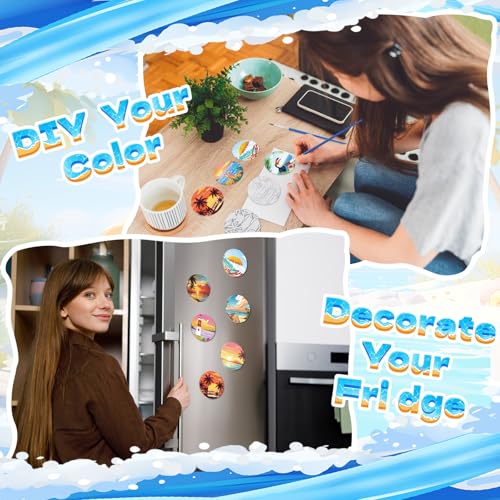 24 Pcs Magnetic Canvas Mini Round Canvas Boards Pre Drawn Canvases with Brushes Acrylic Paints Pre Printed Painting Boards for Students DIY Fridge Locker Art Craft(Hawaii)