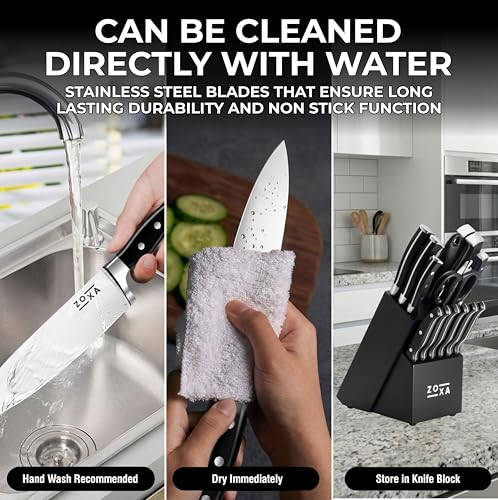 Kitchen Knife Set with Block, 15-Piece Stainless Steel Chef Knife Set, Kitchen Knives with Steak Knives, Honing Rod & Kitchen Scissors, Knife Block Set