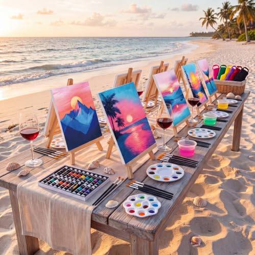 Cholemy 6 Set Paint and Sip Kit for Adults 8"x 10" Pre Drawn Canvas Painting with Wooden Easel Acrylic Paint Wash Cup Brushes Palette Apron for Painting DIY Adult's Date Party Supplies(Sunset Glow) - style: Sunset Glow