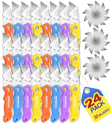 Folding Utility Knife Set, Quick Change Folding Box Cutter with Clip, Extra 30 SK5 Razor Knife Blades, Navajas Para Trabajo, Pocket Utility Knife for Work, Carton, Cardboard, Packages|24PACK - size: 24 Pack+30 Blades